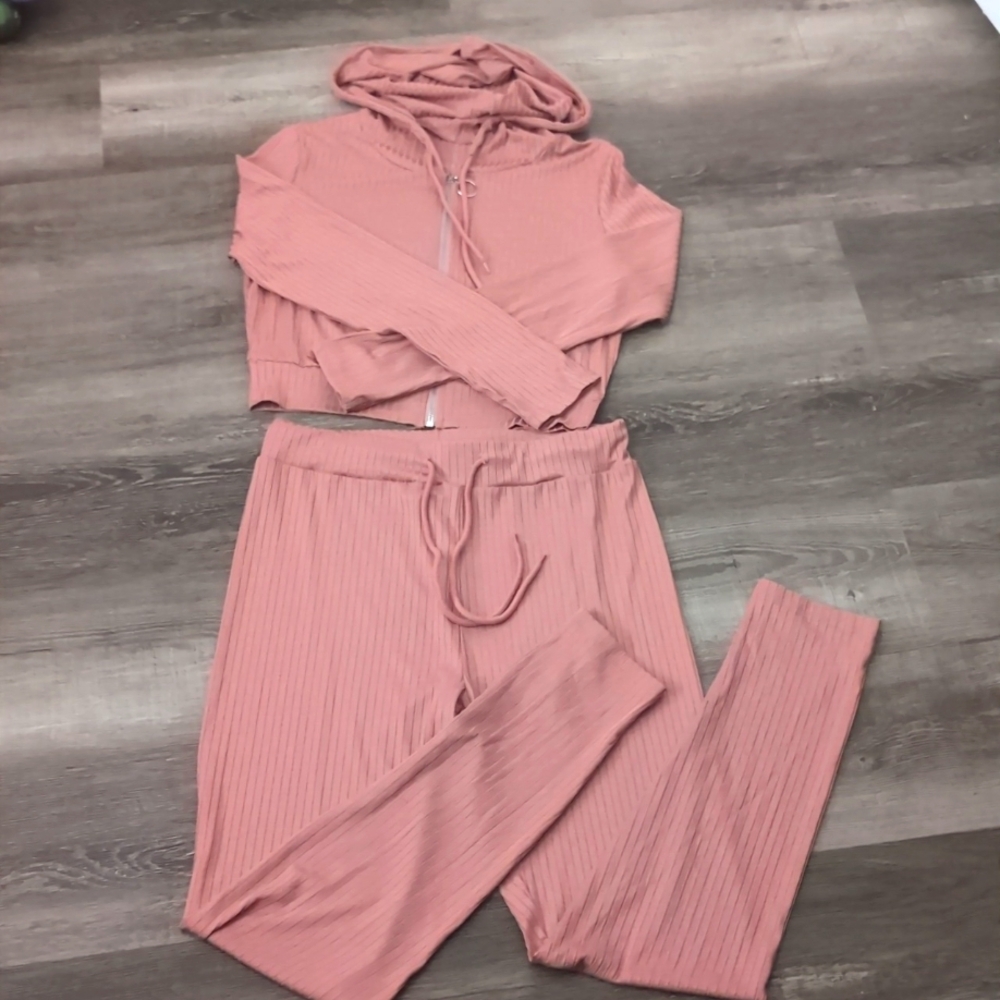 2 pc Rib Knit Hoodie and Leggings Set Size L